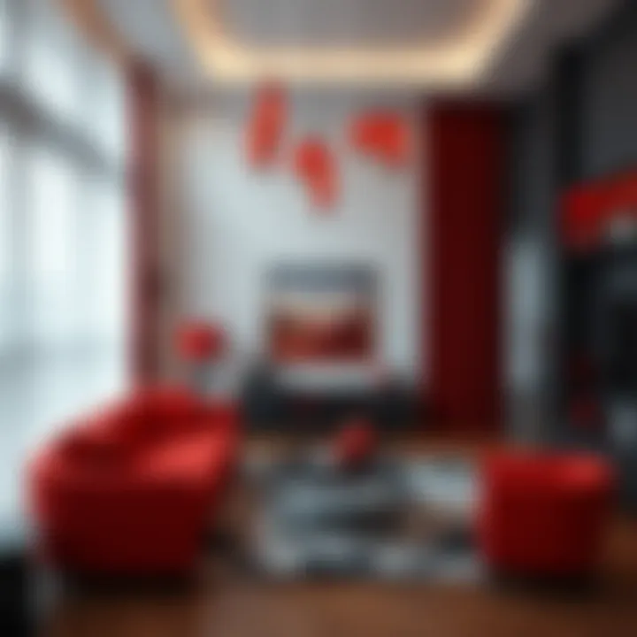 Elegant interior design featuring red and black elements harmoniously blended.