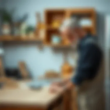 A craftsman applying laminate to kitchen cabinets