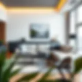 A modern living room featuring a sleek sectional sofa