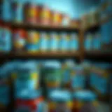 A close-up view of various canned goods arranged neatly on a shelf