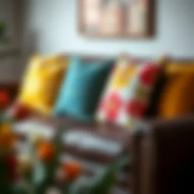 Dark brown sofa set paired with vibrant cushions