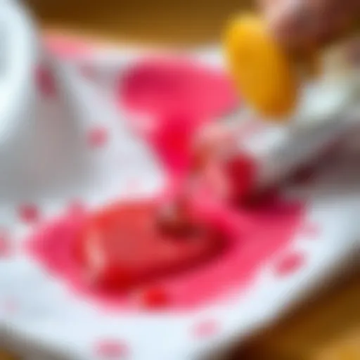 A close-up of a vibrant fabric stain being treated with a natural solution