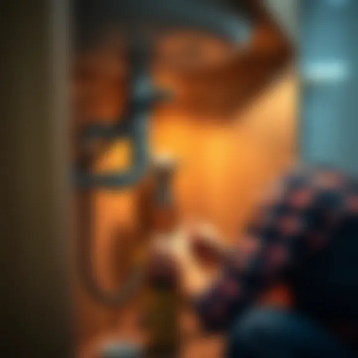 Plumber fixing a sink pipe under the cabinet