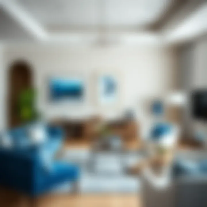 A stylish living room featuring blue decor accents