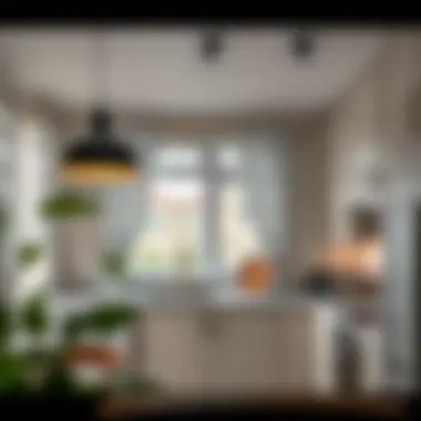 Modern kitchen with patterned curtains adding flair