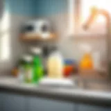 A sparkling clean kitchen countertop with essential cleaning supplies neatly arranged