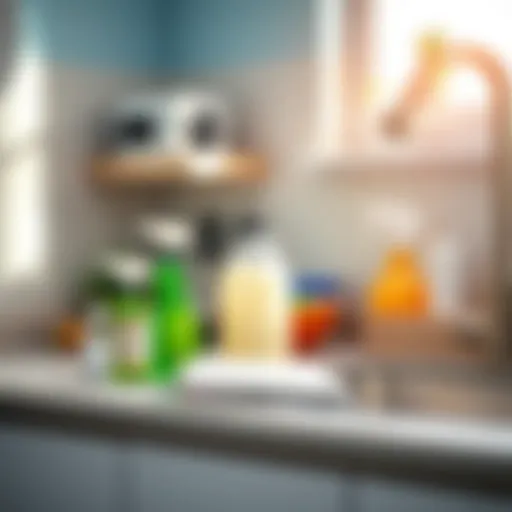 A sparkling clean kitchen countertop with essential cleaning supplies neatly arranged
