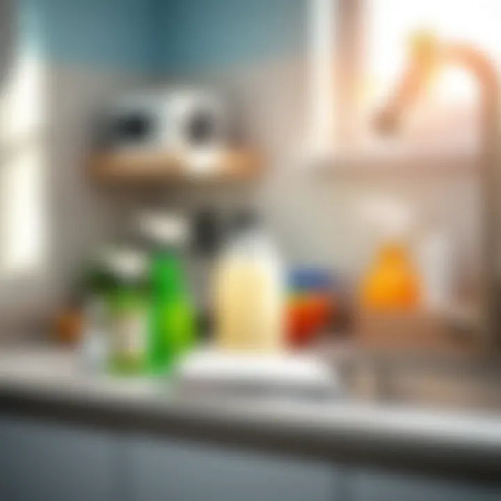 A sparkling clean kitchen countertop with essential cleaning supplies neatly arranged