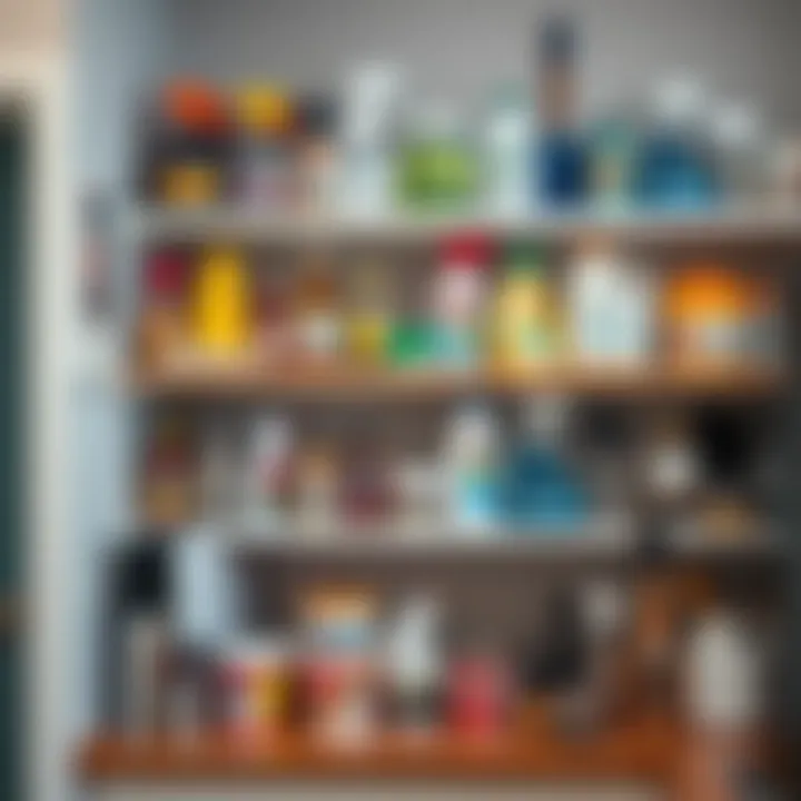 Organized kitchen shelves displaying various cleaning products and tools