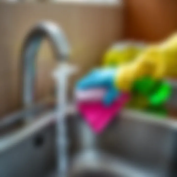 Close-up of a kitchen sink being scrubbed with effective cleaning agents