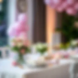 Elegant decoration of a newborn celebration table with pastel colors and floral arrangements.