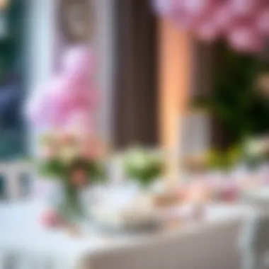 Elegant decoration of a newborn celebration table with pastel colors and floral arrangements.