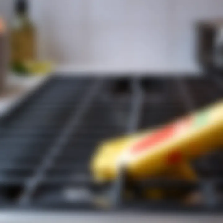 A close-up view of a stove grate being scrubbed