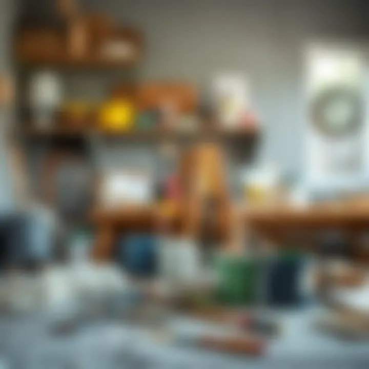 An organized workspace with painting tools and materials laid out efficiently.