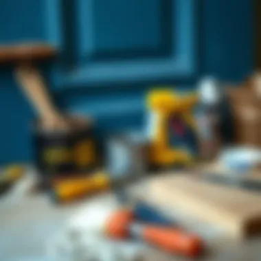 Tools and materials laid out for painting a panel door.