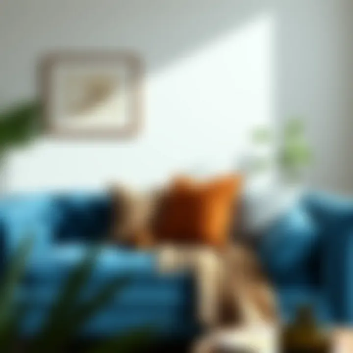 Artistic view of a blue Chester sofa with decorative pillows