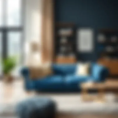 Living room featuring a blue Chester sofa as a focal point