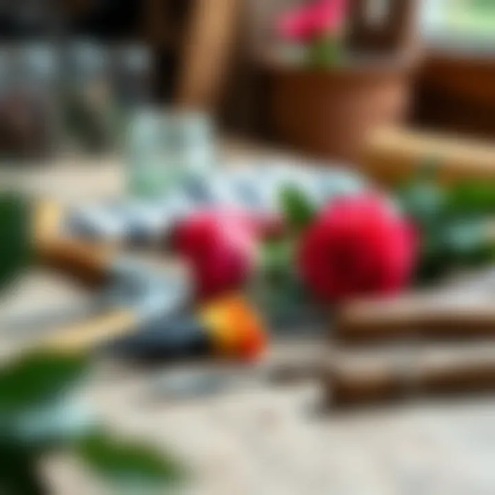 Essential tools for rose pruning laid out on a table