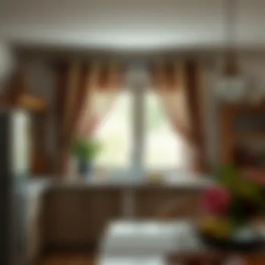 Rustic kitchen featuring natural fabric curtains