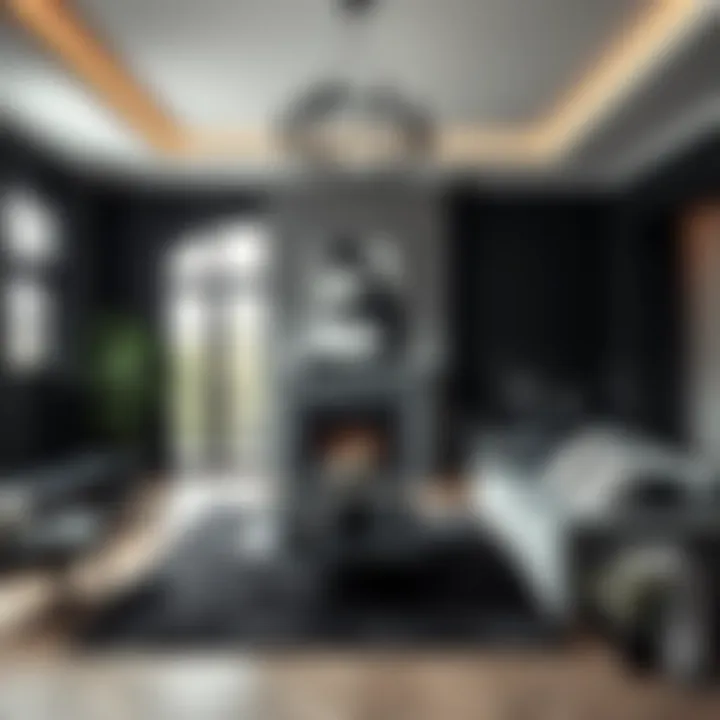 Elegant black color scheme in a modern living room setting