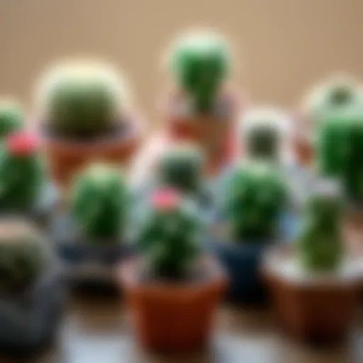 A beautifully arranged collection of small cacti in decorative pots