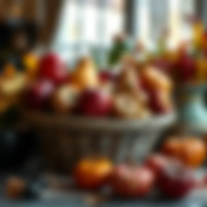 A creative display of fall fruits in an artisanal basket.