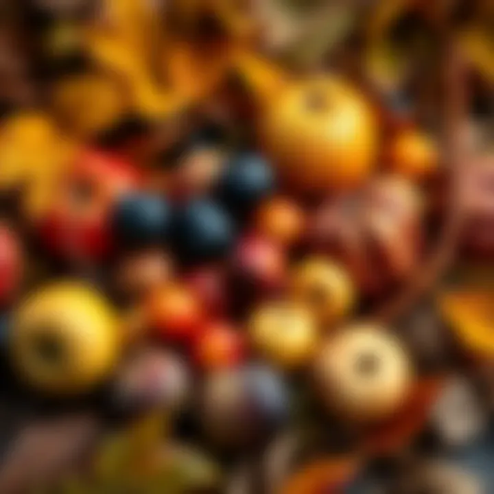 A bountiful harvest of fall fruits surrounded by autumn leaves.