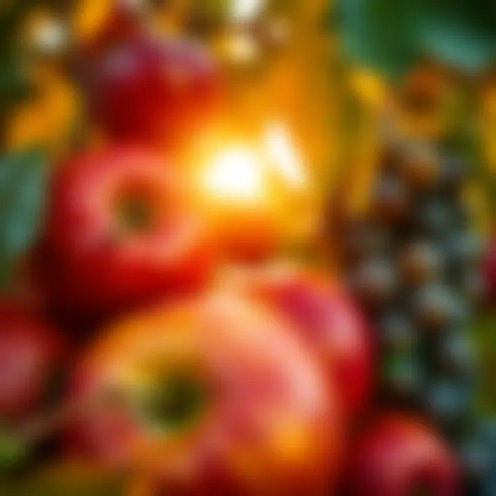 Close-up of vibrant apples and grapes reflecting the autumn sun.