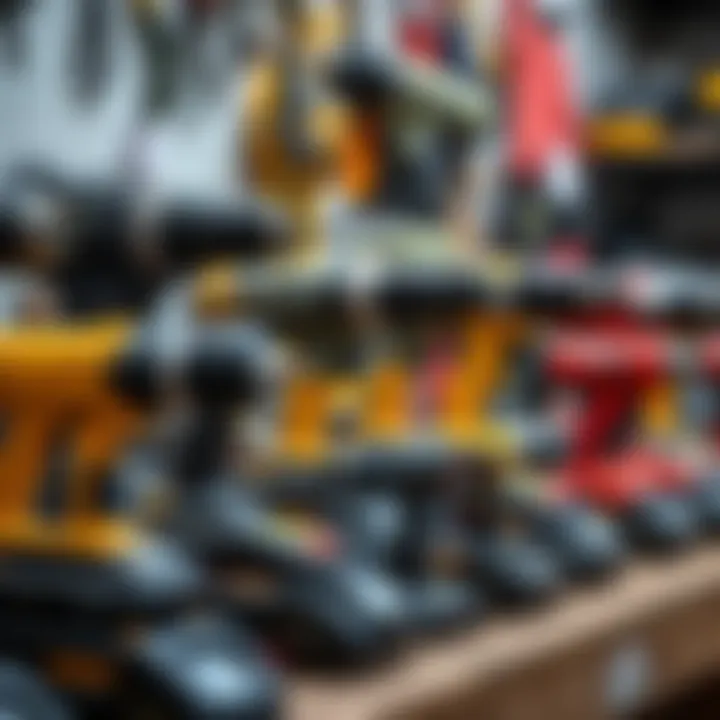 Different models of cordless drills displayed