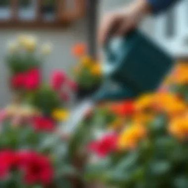 Watering flowers with a watering can