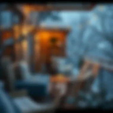 Cozy winter balcony with warm lighting and plush seating