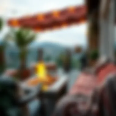 Inviting balcony with a fire pit and blankets for warmth