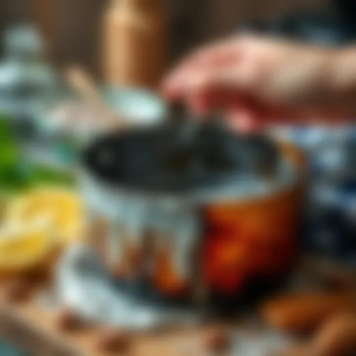 Burnt pot base being cleaned with natural ingredients