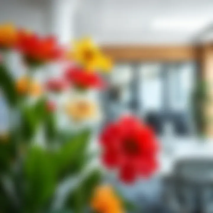 Colorful artificial flower display in a modern office space