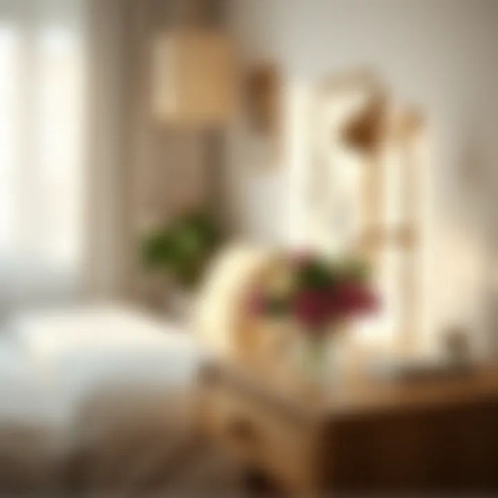 Stylish bedroom featuring artificial flower decor on the nightstand