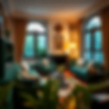 Cozy living room featuring emerald green furniture and warm lighting