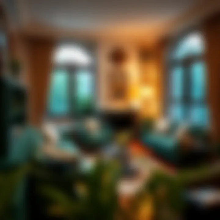 Cozy living room featuring emerald green furniture and warm lighting